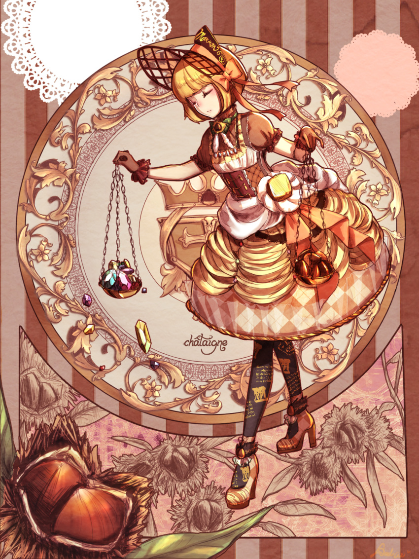 1girl blonde_hair bob_cut bonnet chains chestnut closed_eyes commentary_request dolce_(dolsuke) dress feathers food food_themed_clothes frilled_gloves frills gem gloves high_heels highres holding lace lolita_fashion mont_blanc_(food) original personification print_legwear ribbon short_sleeves solo