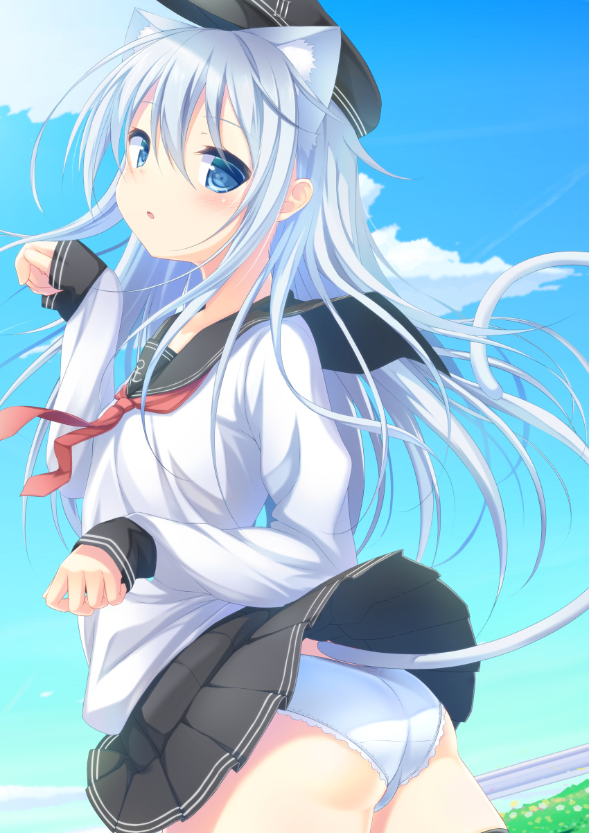 1girl absurdres animal_ears ass bangs black_hat black_skirt blue_eyes blue_sky blush breasts cat_ears cat_girl cat_tail clouds day flat_cap from_side hair_between_eyes hands_up hat hibiki_(kantai_collection) highres kantai_collection lace lace-trimmed_panties leanbox looking_at_viewer neckerchief outdoors panties pantyshot parted_lips paw_pose pleated_skirt school_uniform serafuku silver_hair skirt sky sleeves_past_wrists small_breasts solo tail underwear white_panties wind wind_lift