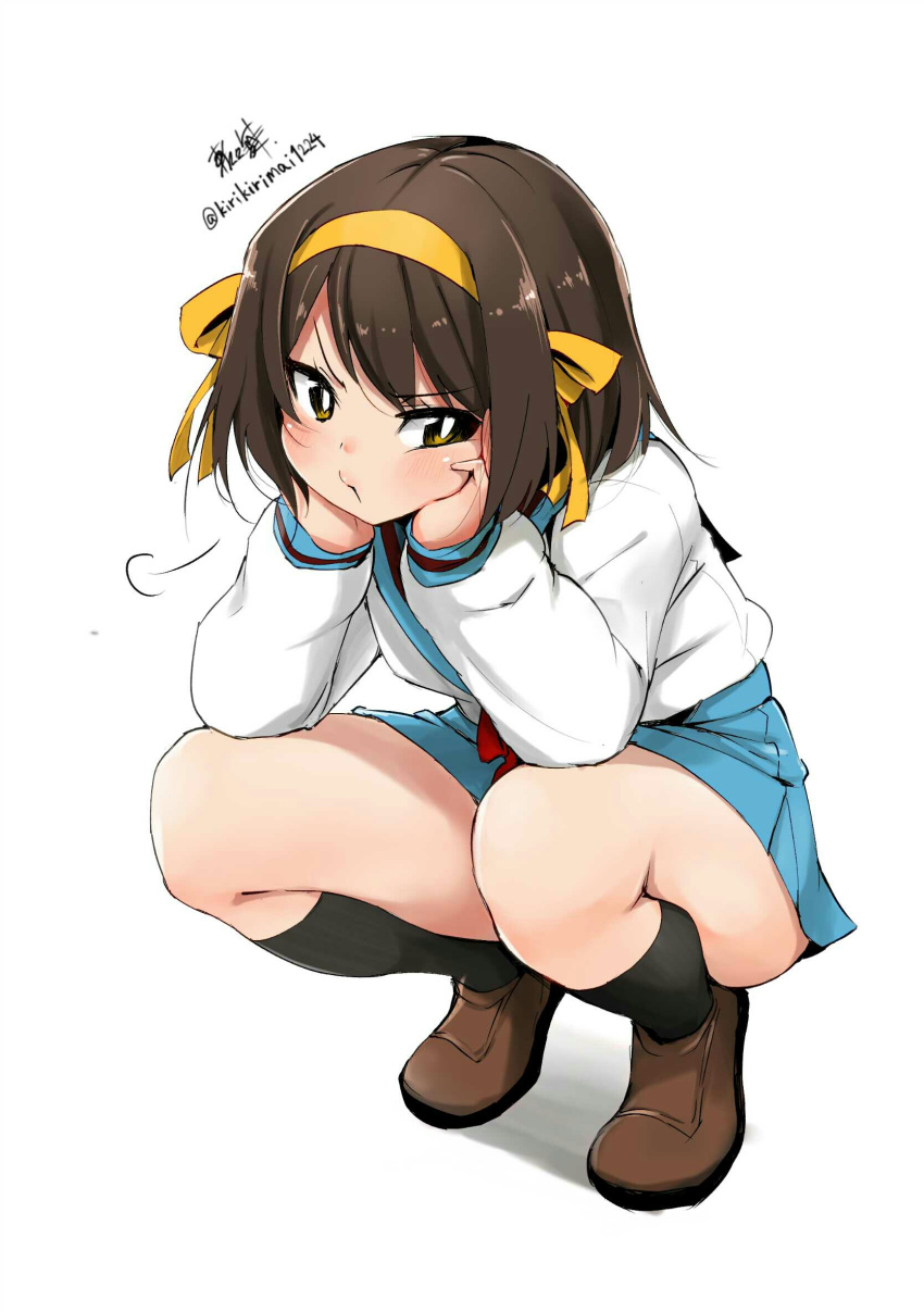 1girl =3 black_legwear blue_skirt brown_hair brown_shoes eyebrows_visible_through_hair hair_ribbon hands_on_own_cheeks hands_on_own_face highres jpeg_artifacts kirikirimai_(kkm) kneehighs looking_at_viewer pout ribbon school_uniform serafuku shoes short_hair signature simple_background skirt solo squatting suzumiya_haruhi suzumiya_haruhi_no_yuuutsu twitter_username white_background yellow_eyes yellow_ribbon