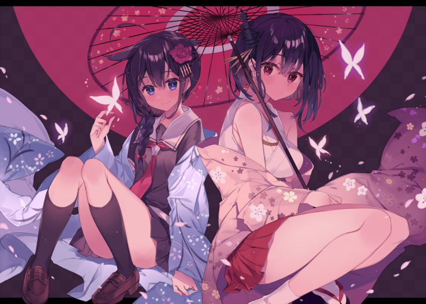 2girls ahoge black_hair black_legwear black_serafuku blue_eyes butterfly commentary_request floral_print flower hair_flaps hair_flower hair_ornament haori japanese_clothes kantai_collection kureaki_(exit) letterboxed multiple_girls necktie oriental_umbrella red_eyes remodel_(kantai_collection) sailor_collar school_uniform serafuku shigure_(kantai_collection) sitting smile umbrella yamashiro_(kantai_collection)