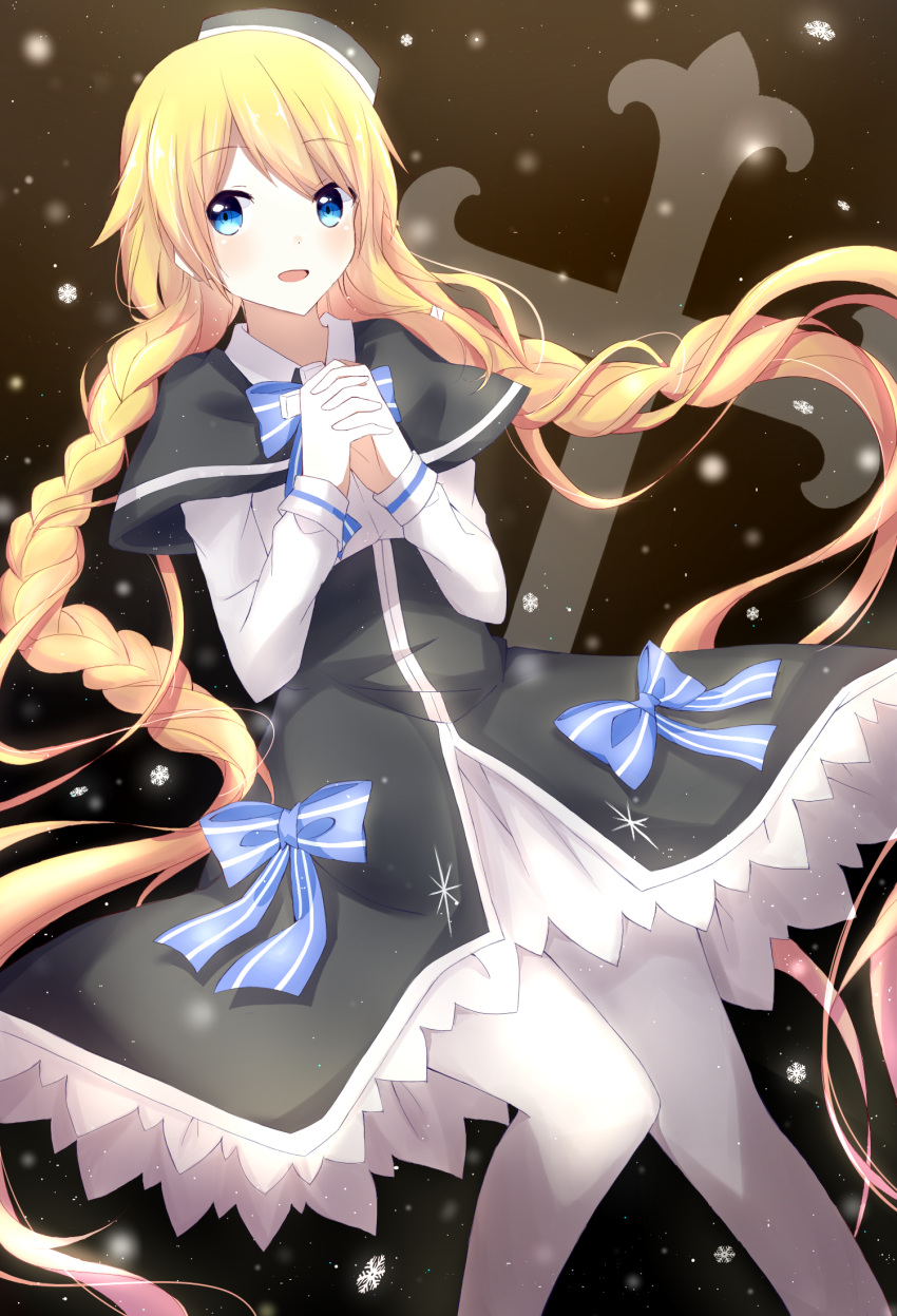 1girl absurdly_long_hair blonde_hair blue_bow blue_eyes bow braid capelet dress eyebrows_visible_through_hair hair_ornament hands_together hat highres interlocked_fingers long_hair looking_at_viewer magi_in_wanchin_basilica open_mouth pantyhose peneko snowflakes solo striped striped_bow twin_braids very_long_hair white_legwear xiao_ma