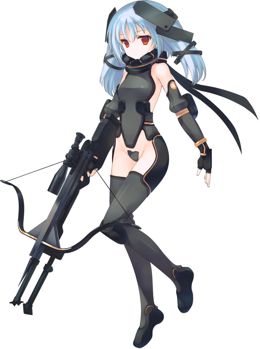 1girl aquaplus blue_hair bodysuit bou bow_(weapon) crossbow dungeon_travelers_2 expressionless flat_chest full_body highres official_art red_eyes scope tsurara_(dungeon_travelers_2) weapon