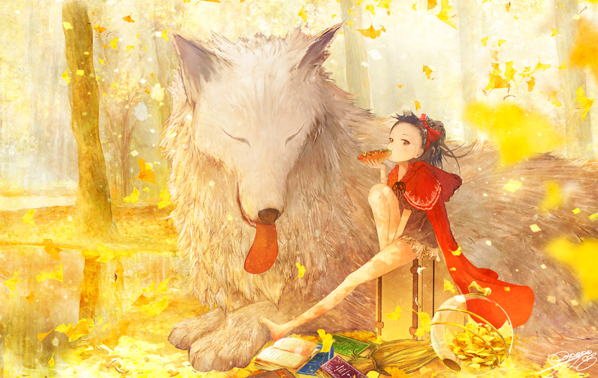 1girl autumn_leaves barefoot between_legs big_bad_wolf_(grimm) black_hair book cloak eating falling_leaves forest grimm's_fairy_tales hand_between_legs hot_dog knee_up light_particles little_red_riding_hood little_red_riding_hood_(grimm) long_hair looking_at_viewer nature pond ponytail popopo_(popopo5656) reflection signature sitting size_difference suitcase tongue tongue_out tree wolf