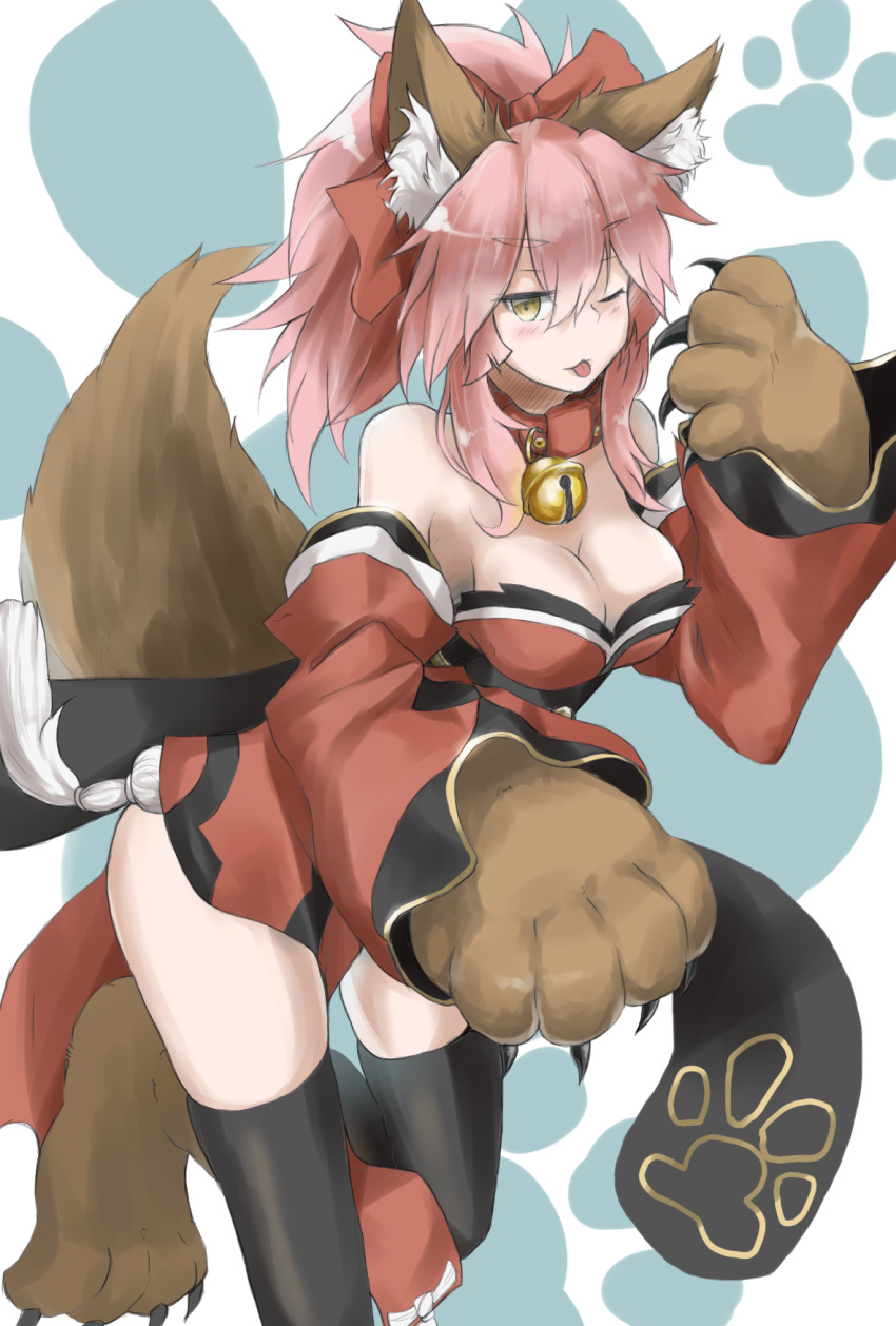 &gt;;p 1girl animal_ears bare_shoulders bell bell_collar black_legwear blush bow breasts brown_eyes cleavage collar detached_sleeves eyebrows_visible_through_hair fate/grand_order fate_(series) fox_ears fox_girl fox_tail gloves hair_bow highres jingle_bell leaning_forward long_hair long_sleeves looking_at_viewer medium_breasts paw_gloves paw_shoes pink_hair ponytail red_bow shirokuma1414 shoes solo tail tamamo_cat_(fate/grand_order) thigh-highs