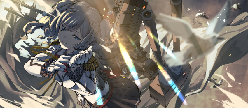 1girl adjusting_clothes adjusting_gloves bangs bird black_skirt blue_eyes blurry breasts cannon closed_mouth collared_shirt commentary cowboy_shot depth_of_field double-breasted epaulettes eyebrows_visible_through_hair eyes_visible_through_hair frilled_sleeves frills fujita_(condor) gloves jacket kantai_collection kashima_(kantai_collection) light_rays long_sleeves looking_at_viewer medium_breasts pleated_skirt shirt silver_hair skirt smile solo twintails white_gloves white_jacket