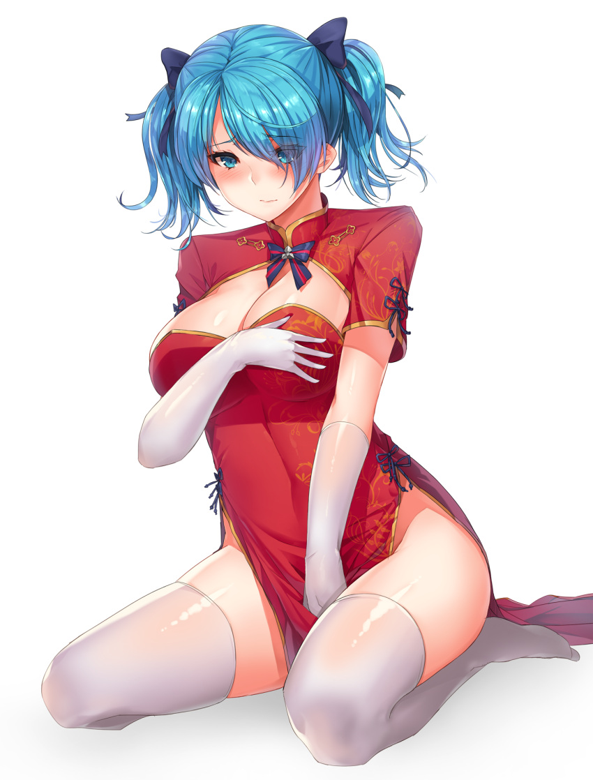 1girl alternate_costume black_bow blue_eyes blue_hair blush bow breasts china_dress chinese_clothes cleavage closed_mouth covered_navel dress elbow_gloves full_body gloves hair_bow hair_over_one_eye highres large_breasts looking_at_viewer matching_hair/eyes moing pelvic_curtain raklet_(soccer_spirits) red_dress sheer_legwear short_hair short_sleeves sitting soccer_spirits solo thigh-highs tied_hair twintails white_gloves white_legwear