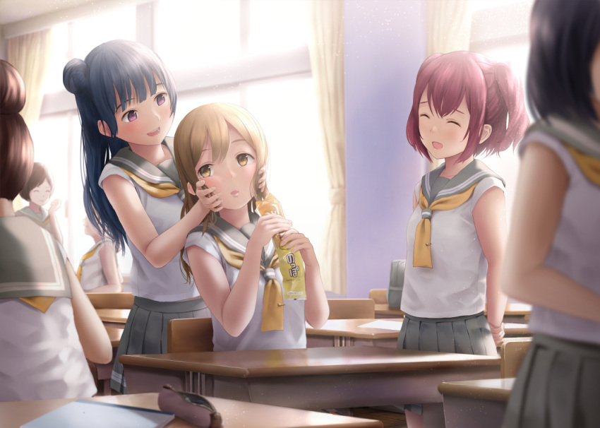 :d ^_^ arm_rest bag bangs black_hair blouse blurry blush brown_eyes brown_hair chair classroom closed_eyes curtains depth_of_field desk flat_chest food grey_skirt hair_bun hands_on_another's_cheeks hands_on_another's_face holding holding_arm indoors kunikida_hanamaru kurosawa_ruby light_particles long_hair looking_at_another love_live! love_live!_sunshine!! miniskirt neckerchief open_mouth out_of_frame papi_(papiron100) parted_lips pleated_skirt redhead school_bag school_desk school_uniform serafuku short_hair short_sleeves side_bun sitting skirt sleeves_rolled_up smile standing swept_bangs tsushima_yoshiko two_side_up violet_eyes wall white_blouse yellow_eyes