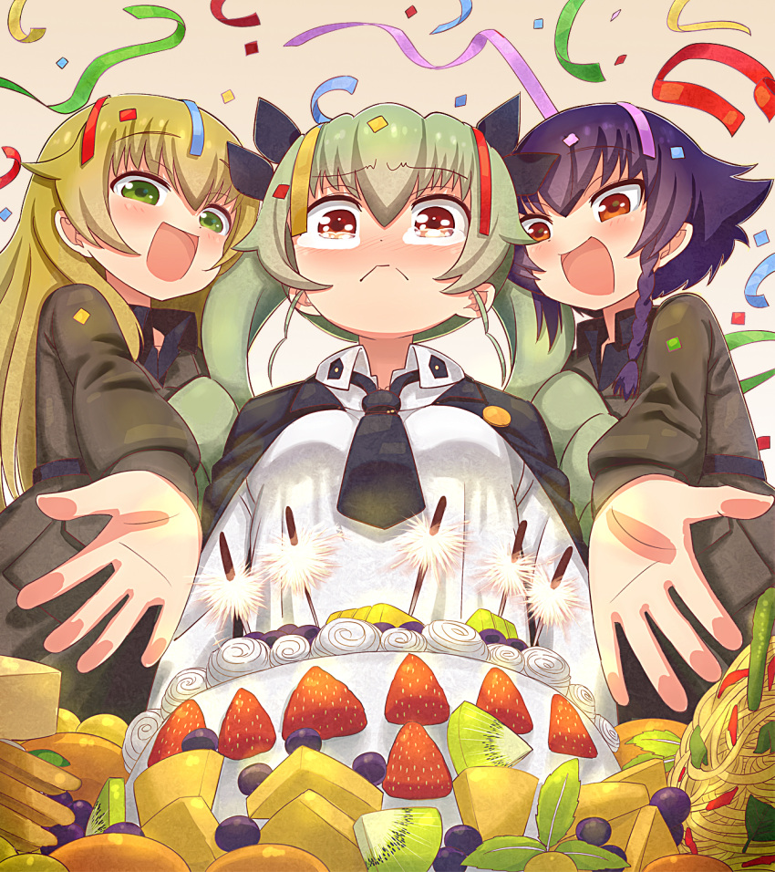 3girls anchovy bangs belt black_hair black_necktie black_shirt blonde_hair braid brown_eyes cake cape carpaccio closed_mouth confetti dress_shirt drill_hair fireworks food from_below fruit girls_und_panzer grapes green_eyes green_hair grey_jacket happy highres kemu_(guruguru_dan) long_hair long_sleeves looking_at_viewer melon military military_uniform multiple_girls necktie open_mouth pepperoni_(girls_und_panzer) reaching red_eyes school_uniform shirt short_hair side_braid smile sparkler standing strawberry tearing_up twin_drills twintails uniform upper_body white_shirt