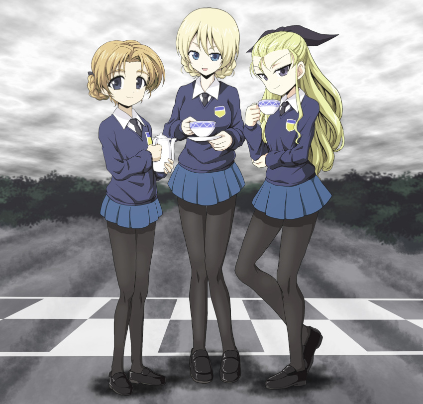 3girls assam black_legwear blonde_hair blue_eyes clouds cup darjeeling girls_und_panzer highres kamishima_kanon long_hair looking_at_viewer multiple_girls necktie orange_pekoe pantyhose short_hair smile sweater teacup teapot