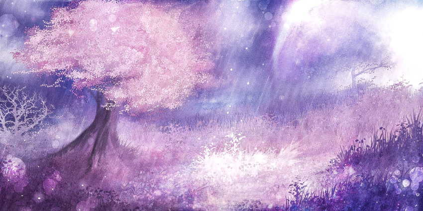 akyuun blurry bokeh cherry_blossoms commentary depth_of_field grass highres lens_flare light no_humans original scenery texture tree