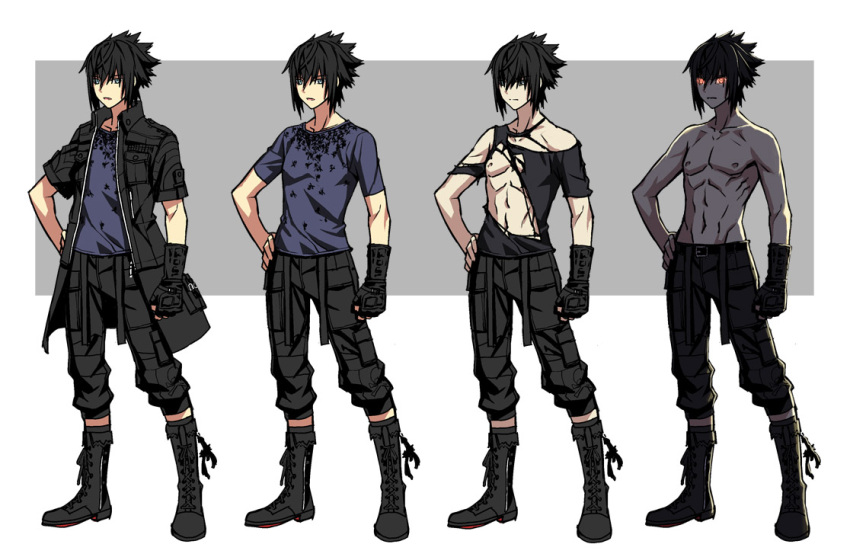 1boy black_gloves black_hair black_jacket boots decoponmagi final_fantasy final_fantasy_xv full_body gloves hand_on_hip jacket male_focus multiple_views navel noctis_lucis_caelum pectorals red_eyes shirt shirtless single_glove skull_print spiky_hair stomach toned torn_clothes torn_shirt white_background