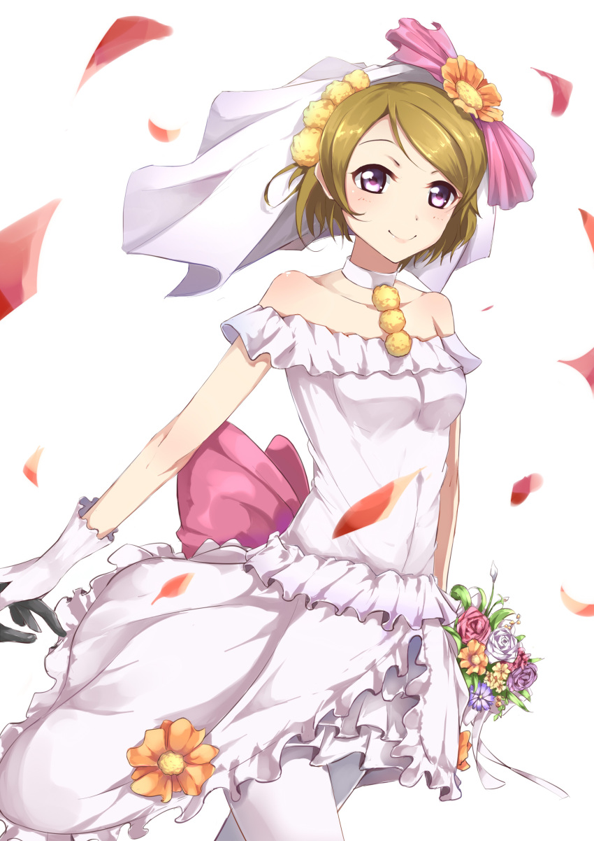 1girl absurdres bare_shoulders black_gloves breasts bridal_veil brown_hair choker collarbone dress flower ginn_(hzh770121) gloves hair_flower hair_ornament highres holding_bouquet koizumi_hanayo looking_at_viewer love_live! love_live!_school_idol_project love_wing_bell medium_breasts pantyhose petals short_hair simple_background sleeveless sleeveless_dress smile solo veil violet_eyes white_background white_dress white_gloves white_legwear