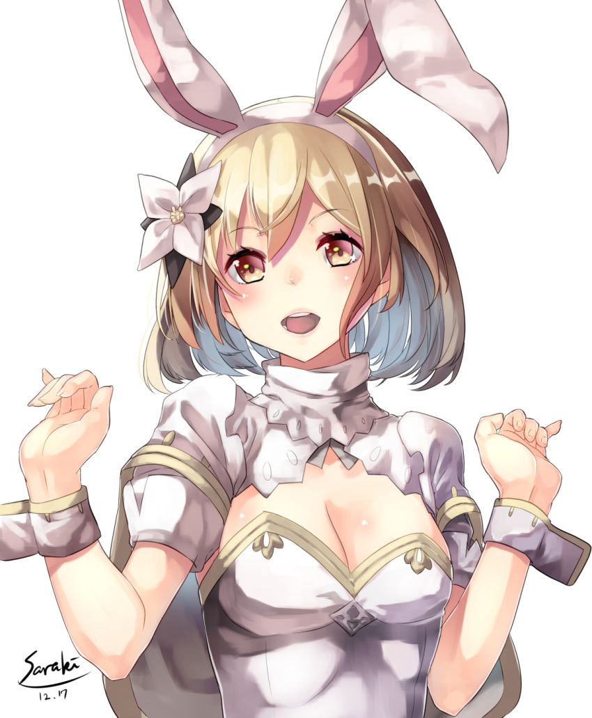 1girl alternate_costume animal_ears artist_name bare_shoulders blonde_hair breasts bunny_girl bunnysuit cleavage clenched_hands commentary_request dated detached_collar djeeta_(granblue_fantasy) fake_animal_ears flower granblue_fantasy hair_flower hair_ornament highres open_mouth rabbit_ears sage_(granblue_fantasy) saraki short_hair solo upper_body wrist_cuffs yellow_eyes