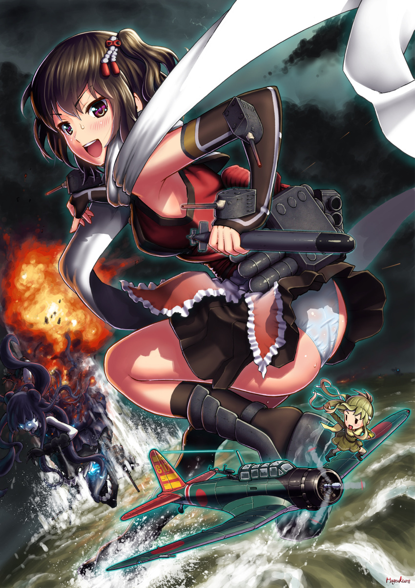 1girl :d aircraft airplane ass black_gloves black_skirt blush brown_eyes brown_hair commentary_request dutch_angle elbow_gloves explosion fairy_(kantai_collection) fingerless_gloves gloves highres kantai_collection light_cruiser_oni looking_at_viewer looking_back night night_battle_idiot night_sky number10_(hagakure) open_mouth panties pantyshot pleated_skirt scarf school_uniform sendai_(kantai_collection) serafuku skirt sky smile squatting sweatdrop tomonaga_squadron_pilot_(kantai_collection) torpedo two_side_up underwear white_scarf