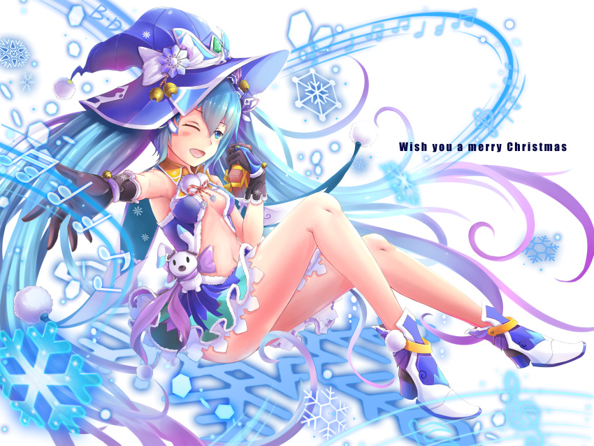 1girl absurdres aqua_eyes aqua_hair beamed_quavers bell gift gloves hat hatsune_miku high_heels highres jingle_bell long_hair merry_christmas musical_note navel one_eye_closed outstretched_arm quaver rabbit sitting snowflakes solo staff_(music) treble_clef twintails very_long_hair vocaloid white_background witch_hat yuki_miku yukine_(vocaloid)