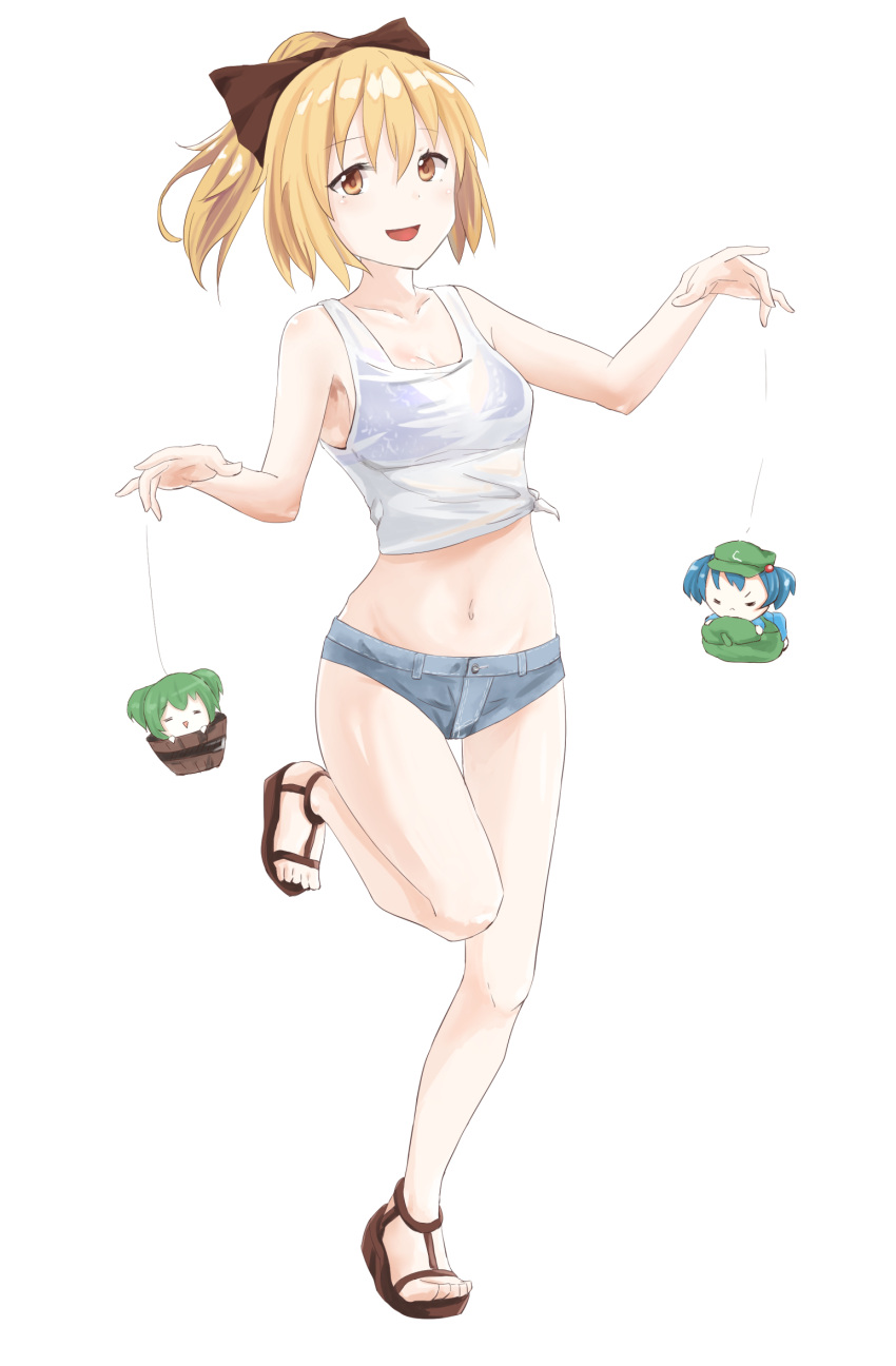 3girls backpack bag bare_shoulders blonde_hair blue_hair blue_shorts bow breasts bucket casual chibi closed_eyes collarbone crop_top green_hair groin hair_between_eyes hair_bobbles hair_bow hair_ornament hands_up hat highres in_bucket in_container kawashiro_nitori kisume kurodani_yamame leg_up looking_at_viewer midriff multiple_girls navel nise_(__nise6__) ponytail see-through short_hair short_shorts shorts simple_background sleeveless smile standing standing_on_one_leg thigh_gap touhou two_side_up white_background