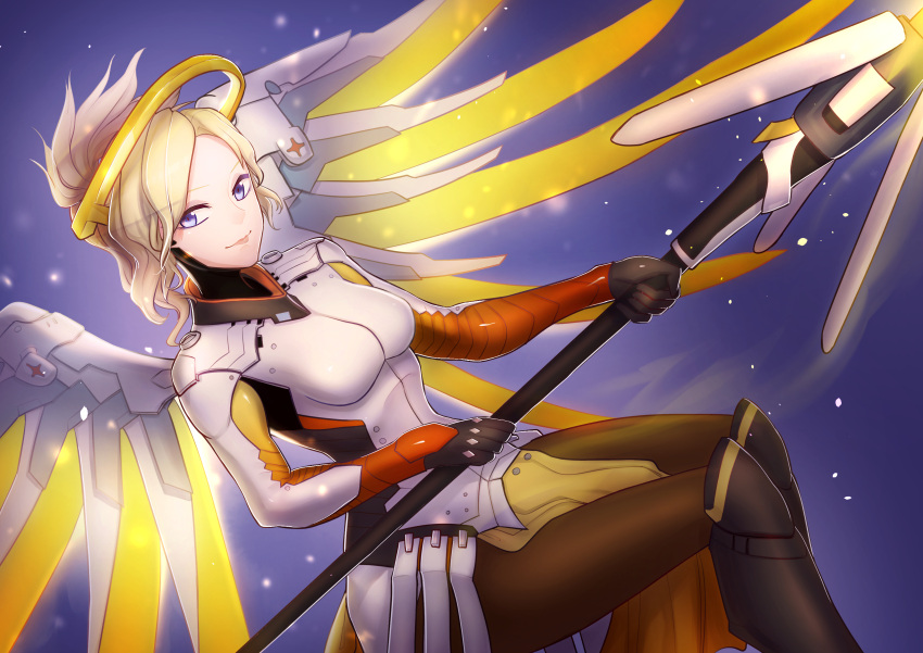 1girl absurdres blonde_hair blue_background blue_eyes bodysuit boots breasts brown_boots brown_legwear dutch_angle faulds glowing glowing_wings high_ponytail highres holding holding_staff kneeboots light_particles light_smile lochris looking_at_viewer mechanical_halo mechanical_wings medium_breasts mercy_(overwatch) overwatch pantyhose pelvic_curtain side_ponytail sitting solo spread_wings staff wings yellow_wings