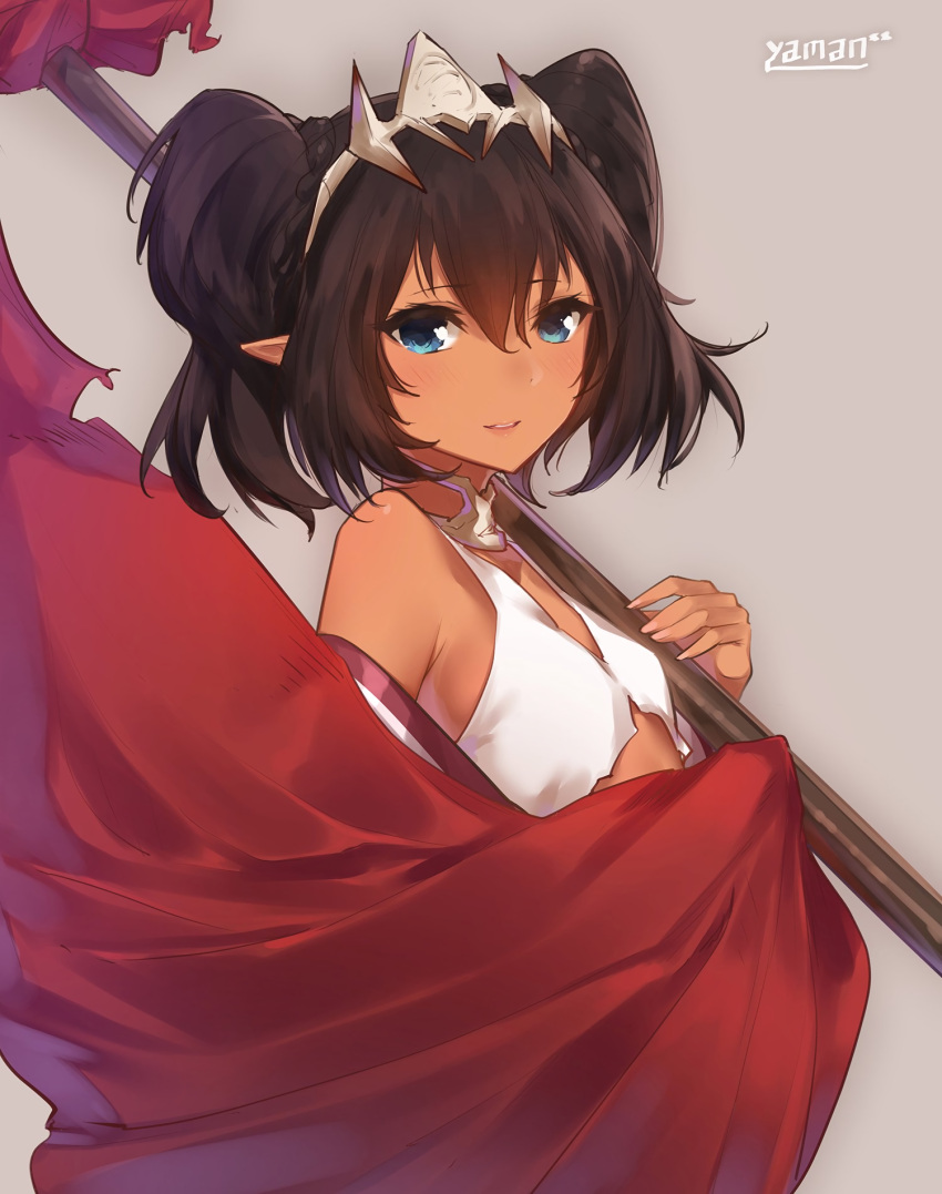 1girl bangs bikini_top black_hair blue_eyes blush dark_skin flag flat_chest from_side grey_background hair_between_eyes highres holding jewelry looking_at_viewer midriff nadia_(sennen_sensou_aigis) neck_ring official_art over_shoulder parted_lips pointy_ears sennen_sensou_aigis short_hair short_twintails simple_background smile solo tiara twintails upper_body yaman_(yamanta_lov)