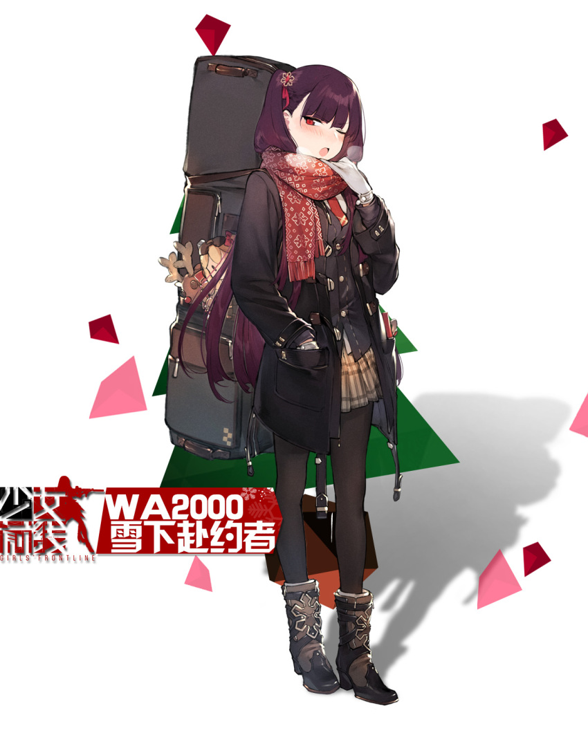 1girl artist_request blush boots breath coat copyright_name doll full_body girls_frontline gun hair_ornament highres holding holding_gun holding_weapon long_hair official_art one_eye_closed pantyhose red_eyes scarf side_ponytail simple_background skirt solo wa2000_(girls_frontline) weapon white_background