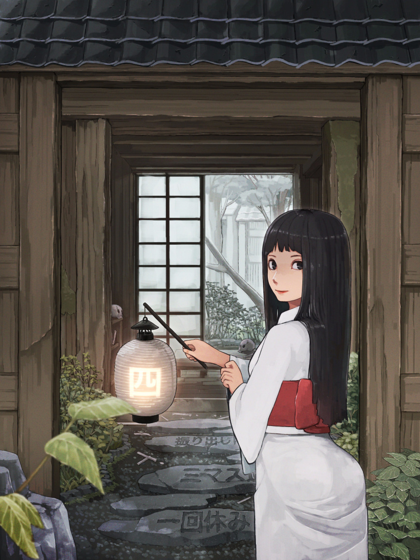 1girl absurdres ass bangs black_eyes black_hair bone closed_mouth commentary_request cowboy_shot from_behind highres holding_lantern japanese_clothes kimono lantern leaf lipstick long_hair long_sleeves looking_at_viewer looking_back makeup nature obi original sash shouji skull sliding_doors solo standing stone_walkway tayuta. the_game_of_life translation_request tree white_kimono wooden_floor