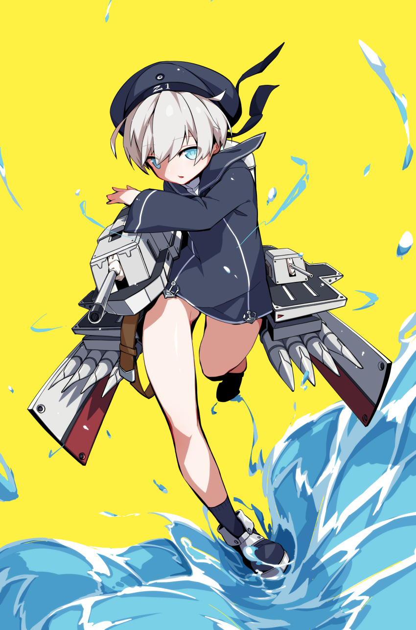 1girl absurdres anchor blue_eyes clothes_writing dress hat highres kaki_gohri kantai_collection leg_up long_sleeves machinery military military_hat military_uniform sailor_collar sailor_dress sailor_hat shoes short_hair silver_hair socks solo turret uniform water yellow_background z1_leberecht_maass_(kantai_collection)