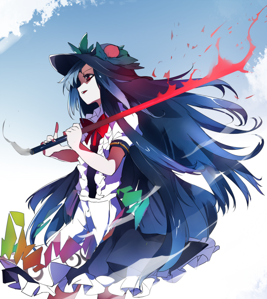 1girl black_hat blue_hair blue_skirt bow bowtie cowboy_shot food frilled_skirt frills from_side fruit hat highres hinanawi_tenshi holding holding_sword holding_weapon ikurauni leaf long_hair looking_away over_shoulder parted_lips peach puffy_short_sleeves puffy_sleeves rainbow_order red_bow red_bowtie red_eyes shirt short_sleeves sidelocks skirt solo sword sword_of_hisou touhou very_long_hair weapon weapon_over_shoulder white_shirt