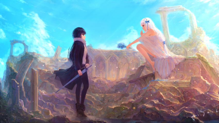 2girls albino bangs black_hair black_pants blue_eyes blue_ribbon blue_sky boots clouds coat eye_contact from_side grey_scarf hair_ribbon hand_up holding holding_sword holding_weapon kisei2 knees_up light_rays long_hair looking_at_another multiple_girls original outdoors pants red_eyes ribbon ruins scarf scenery see-through sheath sheathed sitting sky standing sword tied_hair toga weapon white_hair