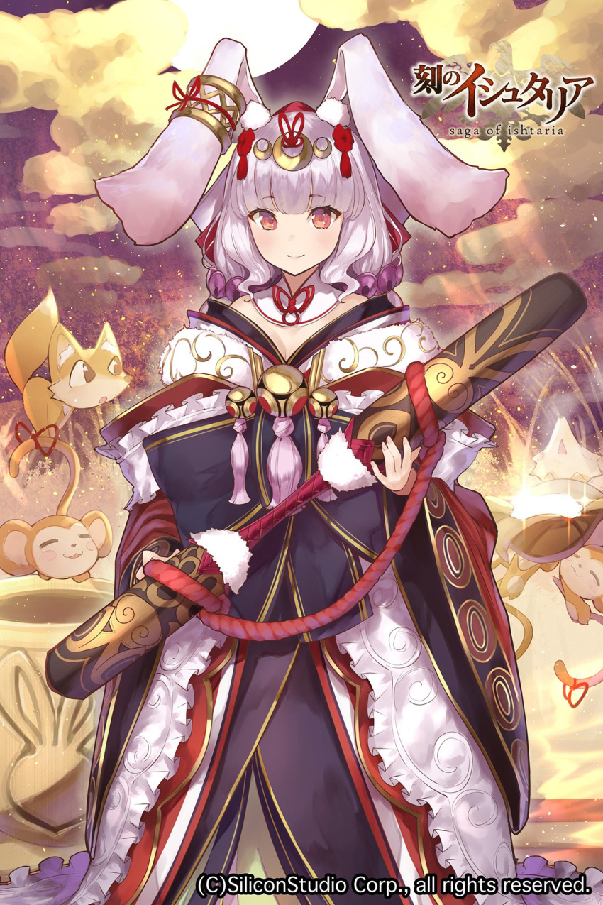 1girl age_of_ishtaria animal_ears brown_eyes clouds cloudy_sky copyright_name eyebrows_visible_through_hair field fox full_moon gyokuto_(ishtaria) headpiece highres holding holding_weapon japanese_clothes layered_clothing looking_at_viewer mace monkey moon night night_sky pot rabbit_ears silver_hair sky smile solo standing watermark wavy_hair weapon yaman_(yamanta_lov)