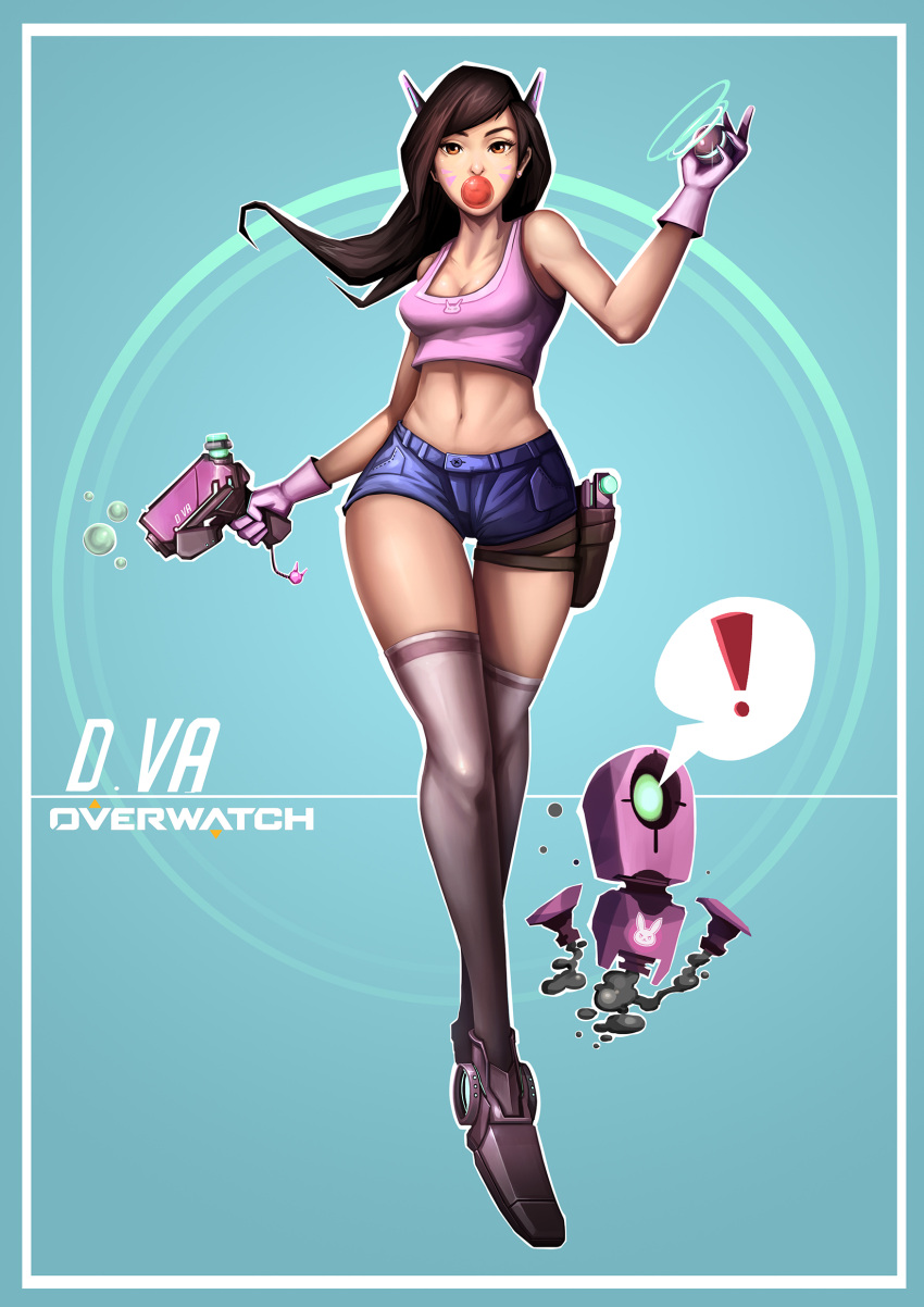 ! 1girl absurdres animal_print bangs bare_shoulders benjamin_leong blue_shorts breasts brown_eyes brown_hair bubble bubble_blowing bubblegum bunny_print character_name charm_(object) collarbone copyright_name crop_top d.va_(overwatch) eyelashes facepaint facial_mark full_body gloves gum gun hand_up handgun headphones highres holding holding_gun holding_weapon holster legs_crossed legs_together long_hair medium_breasts midriff navel nose overwatch pink_gloves pink_shirt shirt shoes short_shorts shorts sleeveless solo standing stomach swept_bangs thigh-highs thigh_gap thigh_holster thigh_strap watson_cross weapon whisker_markings white_legwear