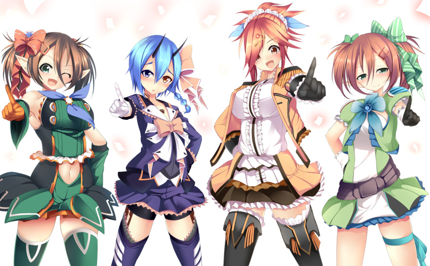 4girls azanami_(pso2) bare_shoulders blue_hair brown_eyes brown_hair gloves green_eyes hair_between_eyes heterochromia highres horns io_(pso2) looking_at_viewer multiple_girls one_eye_closed patty_(pso2) phantasy_star phantasy_star_online_2 pointy_ears short_hair sukage tattoo thigh-highs tiea twintails