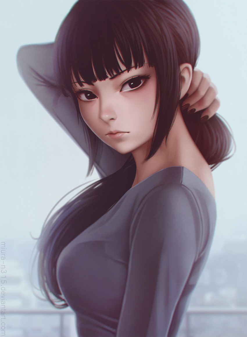 1girl artist_name black_eyes breasts brown_hair brown_nails character_request chromatic_aberration closed_mouth deviantart_username expressionless fingernails from_side grey_shirt highres lips long_hair long_sleeves looking_at_viewer medium_breasts nail_polish naoko_(naoko00) nose ponytail shirt solo tokyo_ghoul upper_body watermark web_address