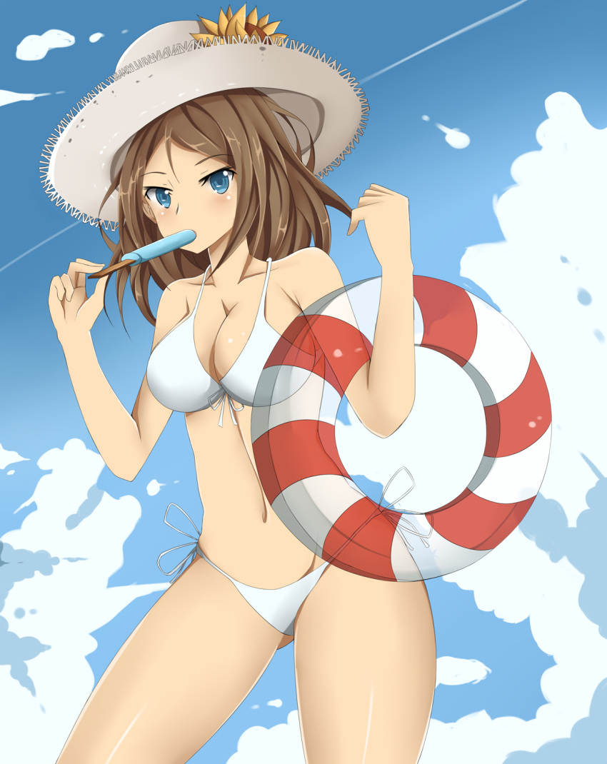 1girl blue_eyes blue_sky blush breasts brown_hair cleavage clouds food girls_und_panzer gluteal_fold groin hat highres innertube large_breasts navel nonna olly_(ollycrescent) popsicle sky solo straw_hat swimsuit thighs