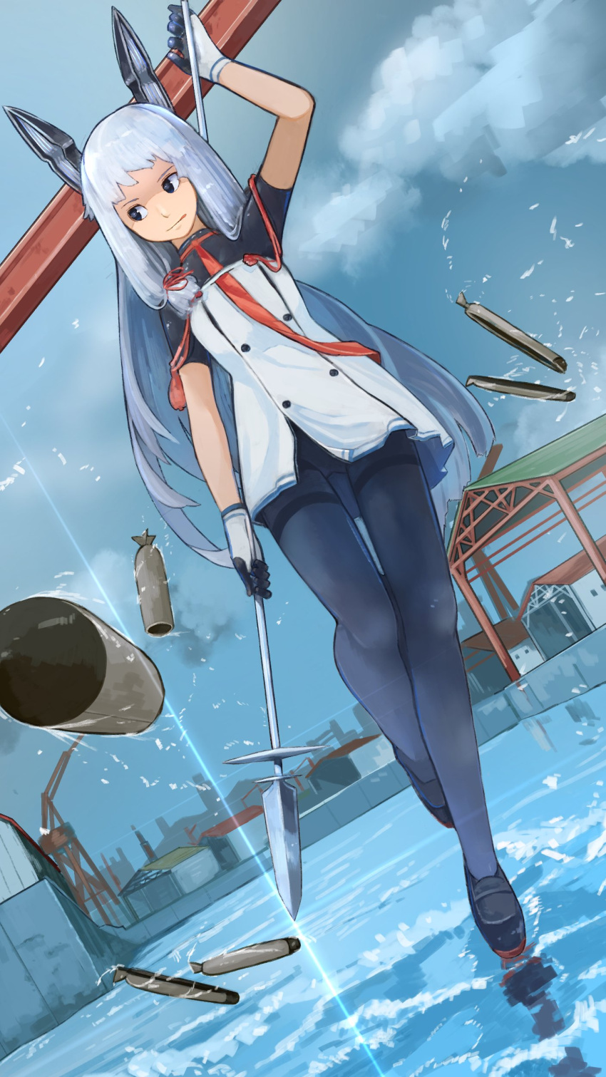 1girl :p absurdres arm_up bangs black_eyes black_legwear black_shoes blue_hair blue_sky building closed_mouth day dress dutch_angle full_body gloves hair_ribbon headgear highres holding holding_weapon kantai_collection loafers long_hair looking_to_the_side murakumo_(kantai_collection) necktie outdoors pantyhose polearm red_necktie red_ribbon remodel_(kantai_collection) ribbon shoes shore sidelocks sky solo standing standing_on_liquid standing_on_one_leg tayuta. tongue tongue_out torpedo tress_ribbon very_long_hair water weapon white_dress