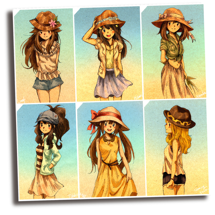 6+girls ;d adapted_costume arm_behind_back arm_up arms_behind_back baseball_cap black_shorts blonde_hair blouse blue_(pokemon) blue_shorts blue_skirt blush brown_eyes brown_hair character_name closed_mouth collarbone dress female gradient gradient_background hair_between_eyes hand_in_pocket hand_on_headwear haruka_(pokemon) hat head_tilt high_ponytail highres hikari_(pokemon) holding hood hooded_jacket jacket long_hair long_skirt looking_at_viewer matsuri_(matsuike) mei_(pokemon) multiple_girls one_eye_closed open_clothes open_jacket open_mouth photo_(object) plant pokemon pokemon_(game) pokemon_bw pokemon_bw2 pokemon_dppt pokemon_frlg pokemon_rse pokemon_xy profile puffy_short_sleeves puffy_sleeves serena_(pokemon) shirt short_sleeves shorts skirt skirt_hold sleeveless sleeveless_dress sleeveless_shirt smile striped striped_shirt sun_hat tied_shirt touko_(pokemon) twintails very_long_hair white_shirt wind