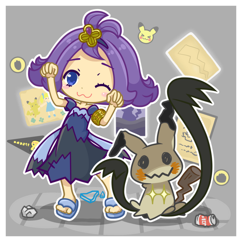 &gt;_&lt; +_+ 1girl ;3 acerola_(pokemon) armlet banner blue_eyes blush border chibi closed_eyes closed_mouth costume crumpled_paper dress elite_four flipped_hair full_body hair_ornament half_updo highres kawamochi_(mocchii) mimikyu_(pokemon) outline paper picture_(object) pikachu pikachu_costume pokemon pokemon_(creature) pokemon_(game) pokemon_sm purple_hair sandals shadow short_hair short_sleeves smile standing stitches tin_can torn_clothes torn_dress torn_sleeves trial_captain