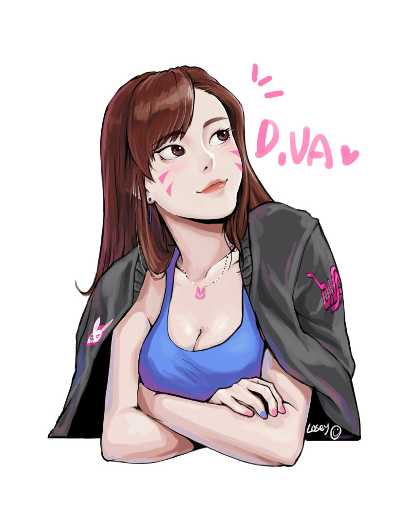 /\/\/\ 1girl artist_name bangs black_jacket blue_nails breasts brown_eyes brown_hair character_name cleavage closed_mouth clothes_writing collarbone crossed_arms d.va_(overwatch) earrings eyebrows_visible_through_hair eyelashes facepaint facial_mark fingernails heart highres ho_linlin jacket jewelry letterman_jacket lips long_hair long_sleeves medium_breasts nail_polish necklace nose overwatch pink_lips pink_nails sleeveless smile solo spoken_heart tank_top upper_body whisker_markings