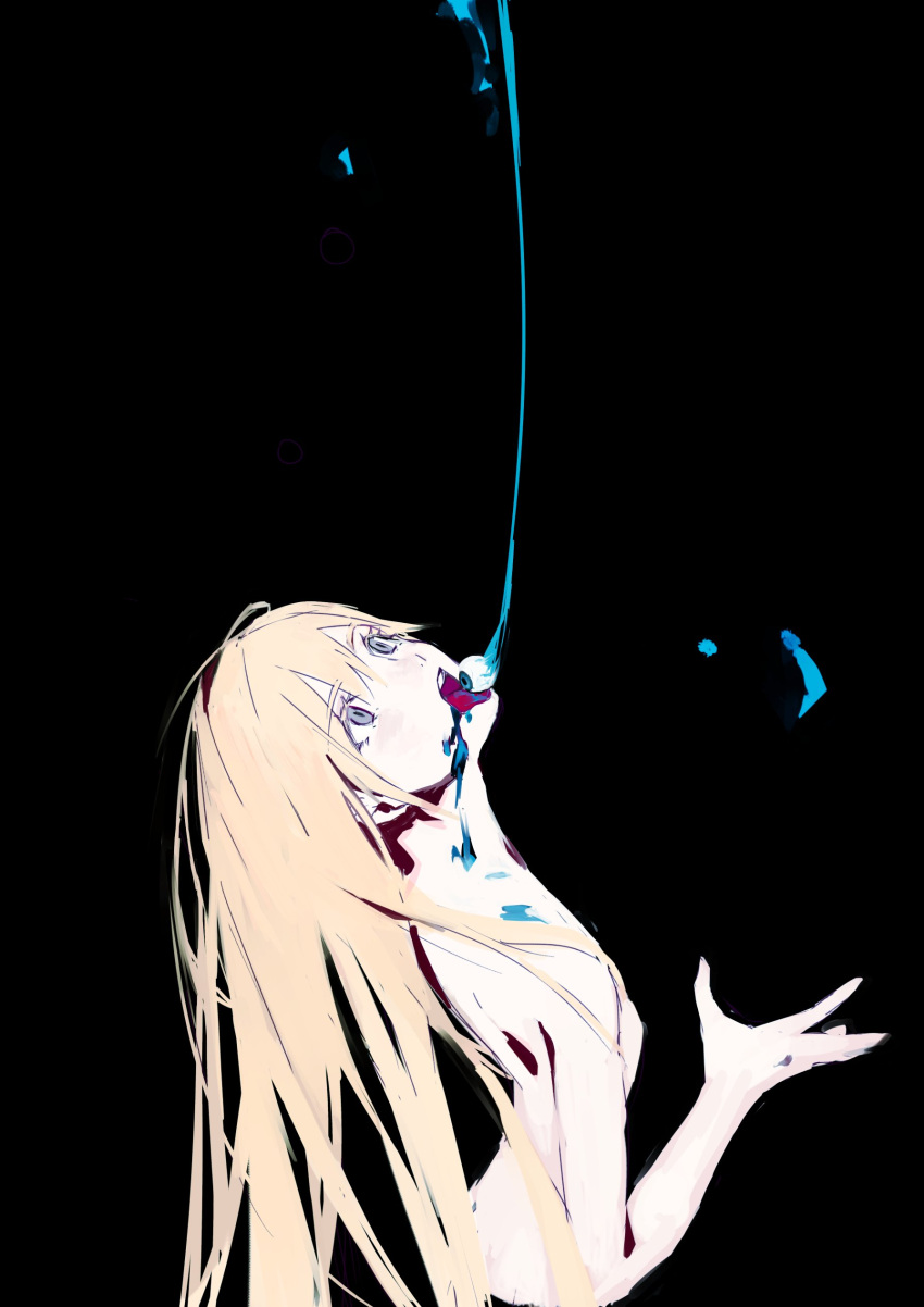 1girl absurdres arched_back black_background blonde_hair eye_licking eyeball eyebrows_visible_through_hair from_above from_side grey_eyes hair_between_eyes highres licking long_hair messy nude open_mouth original outstretched_hand ozyako simple_background solo upper_body