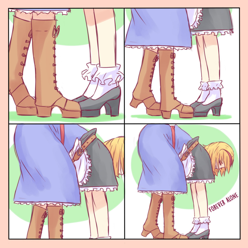 1girl 4koma alice_margatroid apron bent_over blonde_hair blue_dress boots bow comic commentary cosplay dress frilled_legwear hair_bow highres implied_kiss kirisame_marisa kirisame_marisa_(cosplay) lonely lower_body meme optical_illusion parody shoes_on_hands short_hair silent_comic socks solo standing team_shanghai_alice touhou waist_apron what yoruny