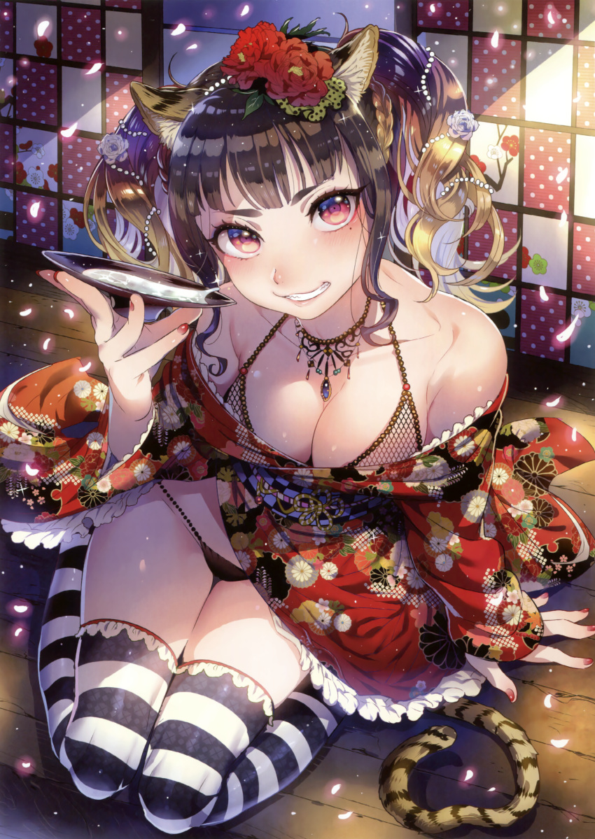 1girl :d absurdres alcohol animal_ears arm_at_side arm_support bangs bare_shoulders black_bra black_panties blunt_bangs blush bra braid breasts brown_hair cat_ears cat_tail cleavage collarbone cup downblouse eyelashes eyeliner fingernails fishnet_top floral_print flower frilled_kimono frilled_legwear frills gem grin hair_flower hair_ornament hand_up highres ikezaki_misa japanese_clothes jewelry kimono lips long_sleeves looking_at_viewer makeup medium_breasts mole mole_under_eye nail_polish necklace obi off_shoulder open_mouth original panties petals pink_lips red_eyes red_nails sakazuki sake sash scan short_eyebrows short_hair short_kimono side_braids sidelocks sitting sliding_doors smile solo sparkle striped striped_legwear tail teeth thigh-highs thigh_gap tiger_ears tiger_tail toranoana twintails underwear veranda wariza wide_sleeves
