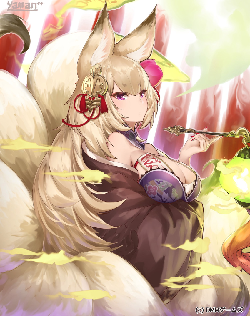 1girl :o animal_ears artist_name bare_shoulders blonde_hair blush breast_hold breasts card cleavage detached_collar expressionless eyebrows eyebrows_visible_through_hair floral_print flower fog fox_ears fox_tail glint hair_flower hair_ornament hairpin highres holding kayou_(sennen_sensou_aigis) kitsune lantern large_breasts long_hair long_sleeves mole mole_on_breast multiple_tails nail_polish off_shoulder ofuda parted_lips pipe red_nails sennen_sensou_aigis solo tail tassel upper_body very_long_hair violet_eyes wide_sleeves yaman_(yamanta_lov)