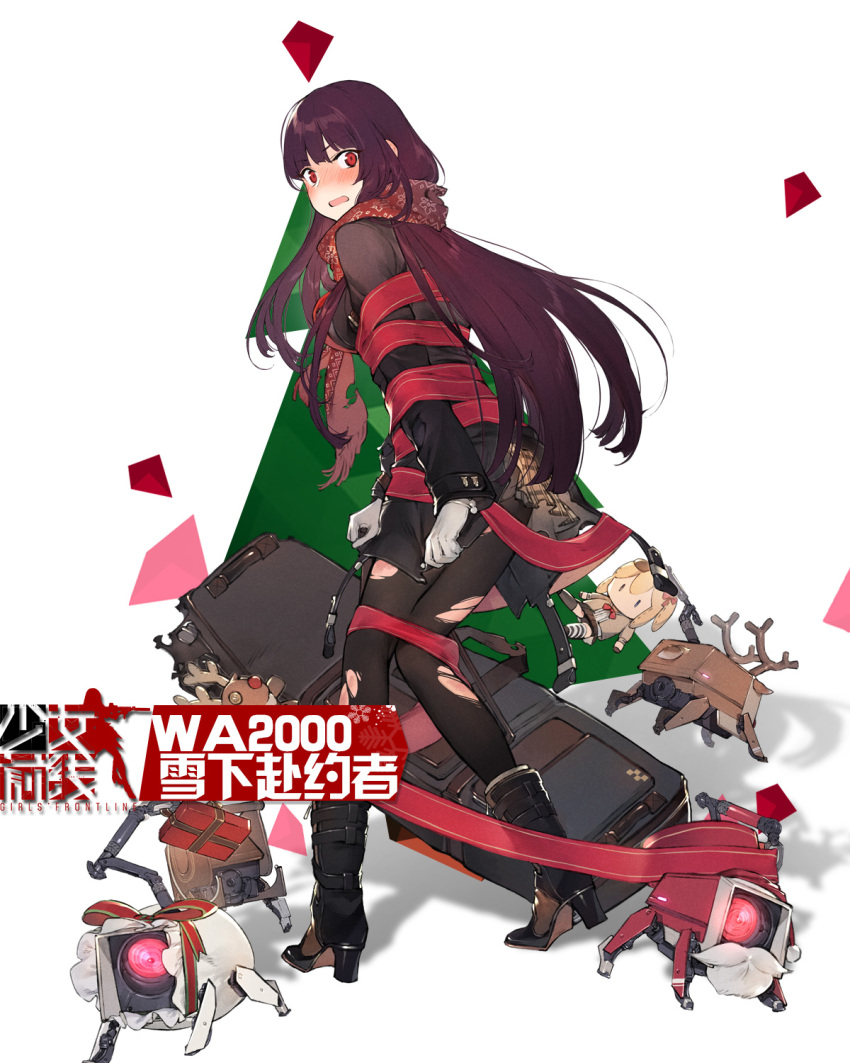 1girl artist_request bdsm blush bondage boots bound breath coat copyright_name doll duoyuanjun embarrassed full_body gift girls_frontline gun hair_ornament highres holding holding_gun holding_weapon long_hair official_art one_eye_closed pantyhose red_eyes ribbon ribbon_bondage scarf side_ponytail simple_background skirt solo tied_up torn_clothes torn_pantyhose torn_scarf wa2000_(girls_frontline) weapon white_background