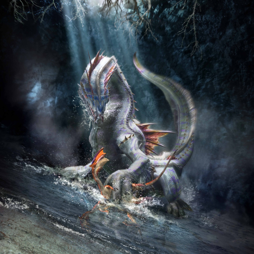 3d absurdres blank_eyes cave grabbing highres light_rays monster monster_hunter monster_hunter_frontier no_humans open_mouth red_sclera scales shallow_water splashing water yellow_sclera