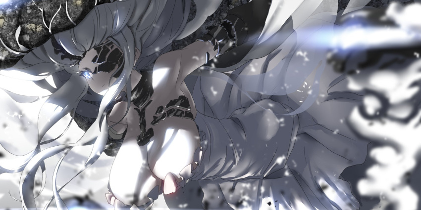1girl abyssal_jellyfish_hime armpits blue_eyes blurry breasts cleavage commentary_request depth_of_field dress floating floating_hair glowing glowing_eye hat highres jewelry kantai_collection large_breasts long_hair looking_at_viewer necklace one_eye_covered outstretched_arms scarf shadow shinkaisei-kan sidelocks sleeveless sleeveless_dress solo spread_arms sundress torn_clothes torn_dress tsuuhan white_background white_hair