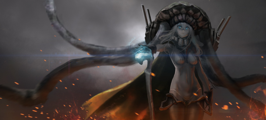 1girl aqua_eyes bad_id black_gloves blue_eyes bodysuit breasts cape covered_navel cowboy_shot dark embers gloves glowing glowing_eyes hettsuaa highres kantai_collection long_hair looking_at_viewer looking_down magic motion_blur outstretched_hand shinkaisei-kan silver_hair solo staff teeth tentacle white_hair white_skin wo-class_aircraft_carrier