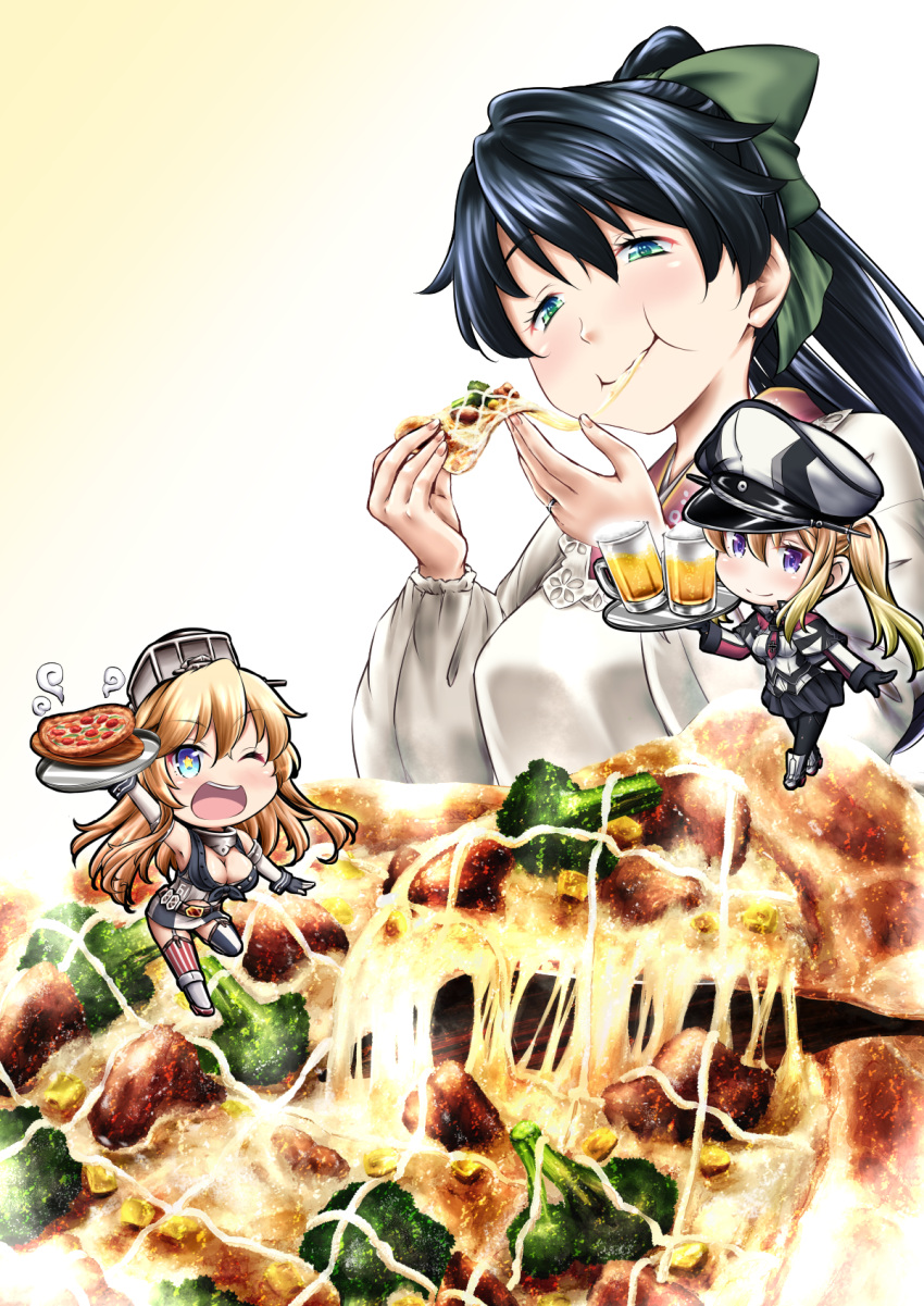 3girls alcohol american_flag_legwear beer beer_mug belt blonde_hair blue_eyes bow breasts broccoli capelet cheese cheese_trail collar comic commentary_request cover cover_page crop_top eating elbow_gloves epaulettes food gloves graf_zeppelin_(kantai_collection) green_eyes hair_bow hat highres holding holding_food houshou_(kantai_collection) iowa_(kantai_collection) jacket japanese_clothes kantai_collection kappougi kimono large_breasts long_hair long_sleeves medium_breasts multiple_girls necktie one_eye_closed open_mouth pantyhose peaked_cap pepperoni pizza ponytail skirt smile star star-shaped_pupils steam symbol-shaped_pupils teeth thigh-highs translation_request tray twintails uniform violet_eyes yuzu_momo