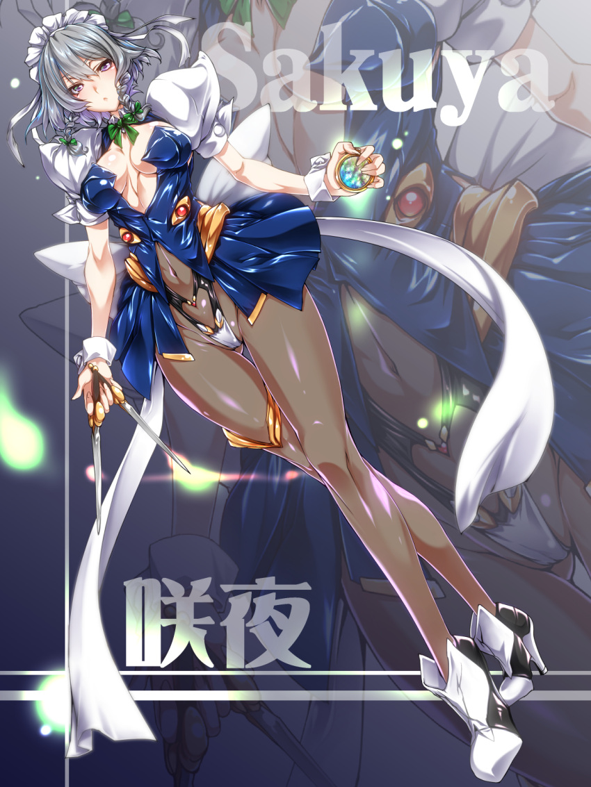 &gt;:o 1girl :o adapted_costume armor armored_boots blue_dress boots bow bowtie braid breasts brown_legwear character_name cleavage dress dutch_angle ebido full_body green_bow green_bowtie grey_eyes hair_bow high_heel_boots high_heels highres holding holding_knife izayoi_sakuya knife looking_at_viewer medium_breasts pantyhose pocket_watch puffy_short_sleeves puffy_sleeves short_sleeves silver_hair solo touhou twin_braids watch zoom_layer