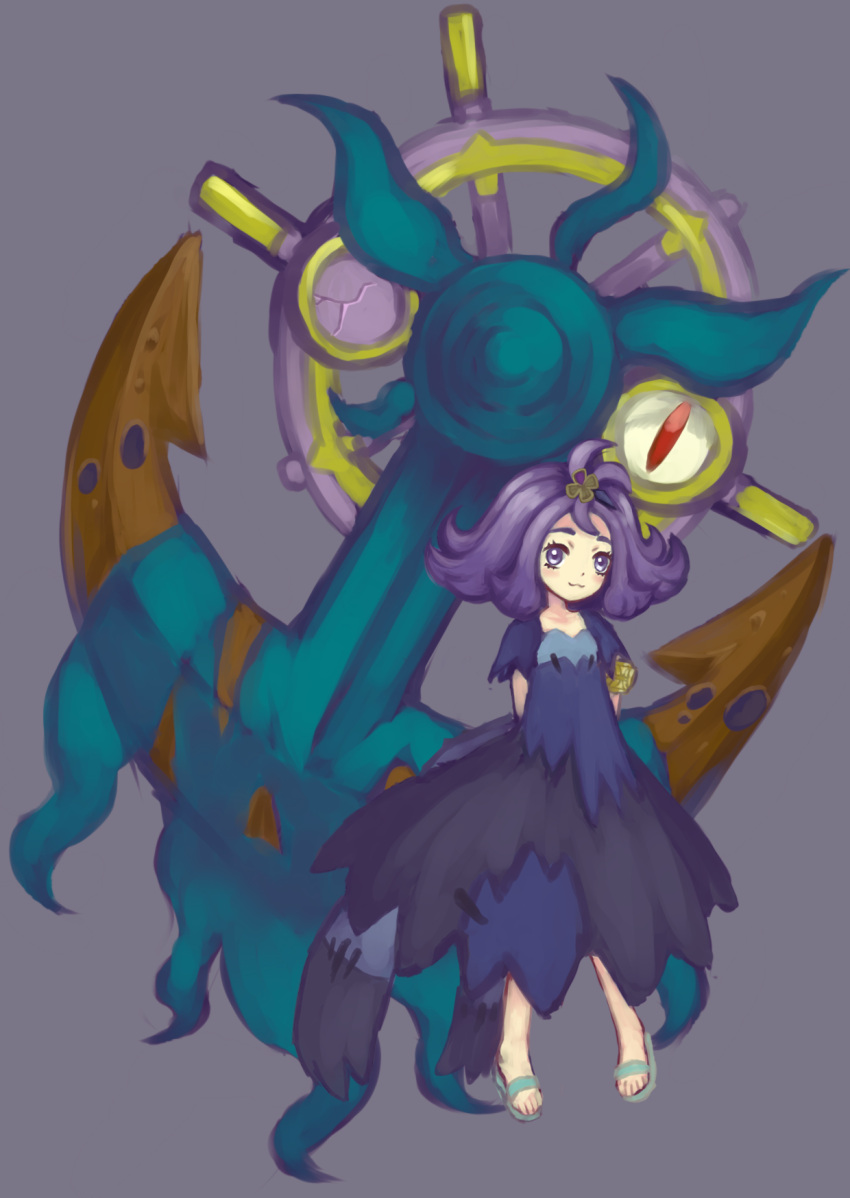 1girl :3 acerola_(pokemon) anchor aqua_shoes armlet arms_behind_back closed_mouth dhelmise dress elite_four flipped_hair full_body hair_ornament half_updo highres karaage_(pixiv3291302) pokemon pokemon_(creature) pokemon_(game) pokemon_sm purple_background purple_hair sandals seaweed shoes short_hair short_sleeves smile standing stitches torn_clothes torn_dress torn_sleeves trial_captain violet_eyes