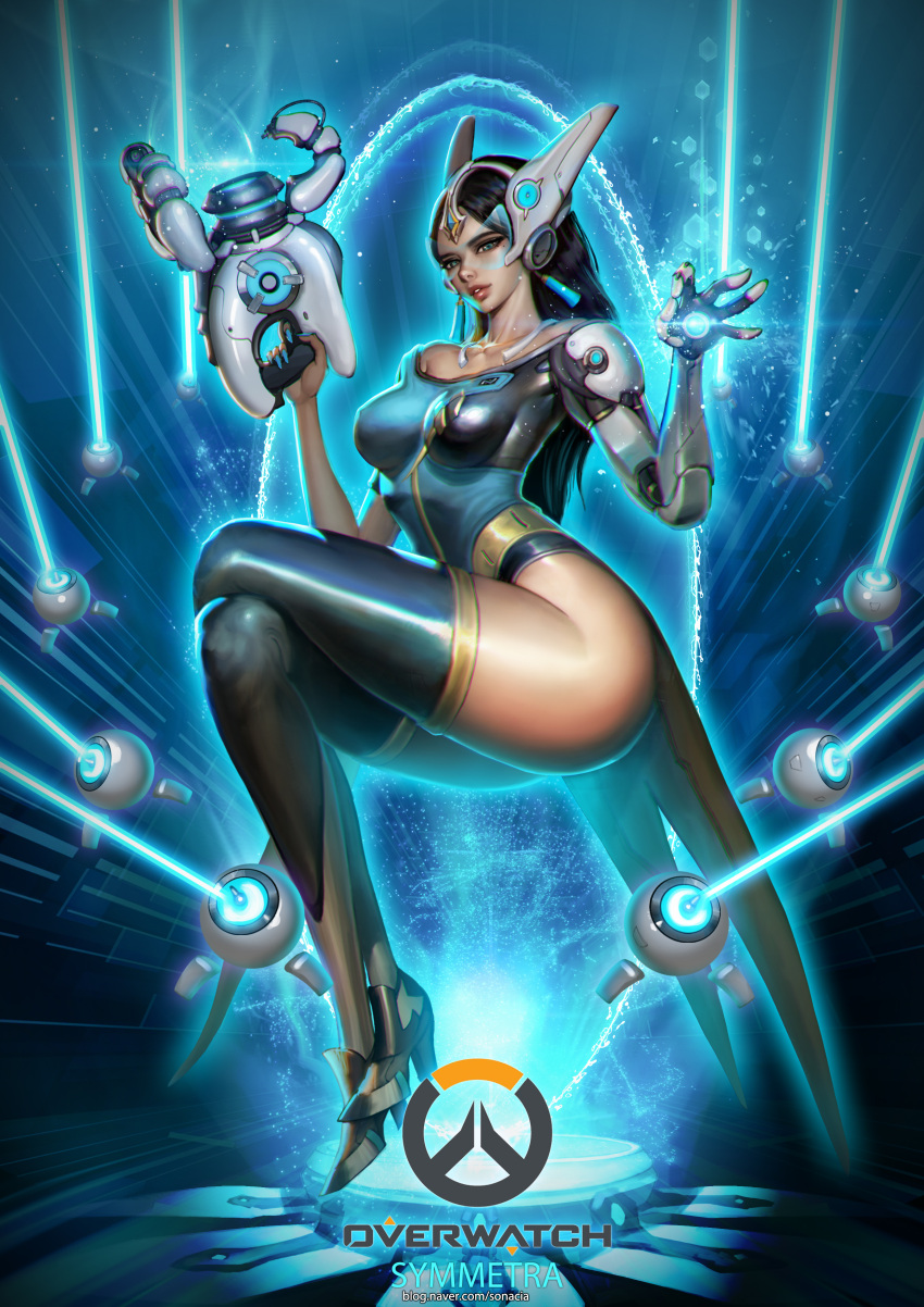1girl absurdres aqua_nails armor armored_boots ass asymmetrical_clothes bangs bare_shoulders black_hair black_legwear blue_dress blue_eyes blue_nails boots breasts character_name collarbone copyright_name cyborg dark_skin dress earrings emblem energy_ball energy_gun erect_nipples finger_on_trigger fingernails forehead_jewel full_body gun hands_up headgear high_heel_boots high_heels highres holding holding_gun holding_weapon invisible_chair jewelry knee_boots legs_crossed lipstick logo loincloth long_fingernails long_hair looking_at_viewer makeup mechanical_arm medium_breasts mole mole_under_eye nail_polish necklace off_shoulder overwatch parted_bangs parted_lips pelvic_curtain pink_lips pink_lipstick short_sleeves sitting skin_tight solo sonacia symmetra_(overwatch) teleporter thigh-highs visor watermark weapon web_address