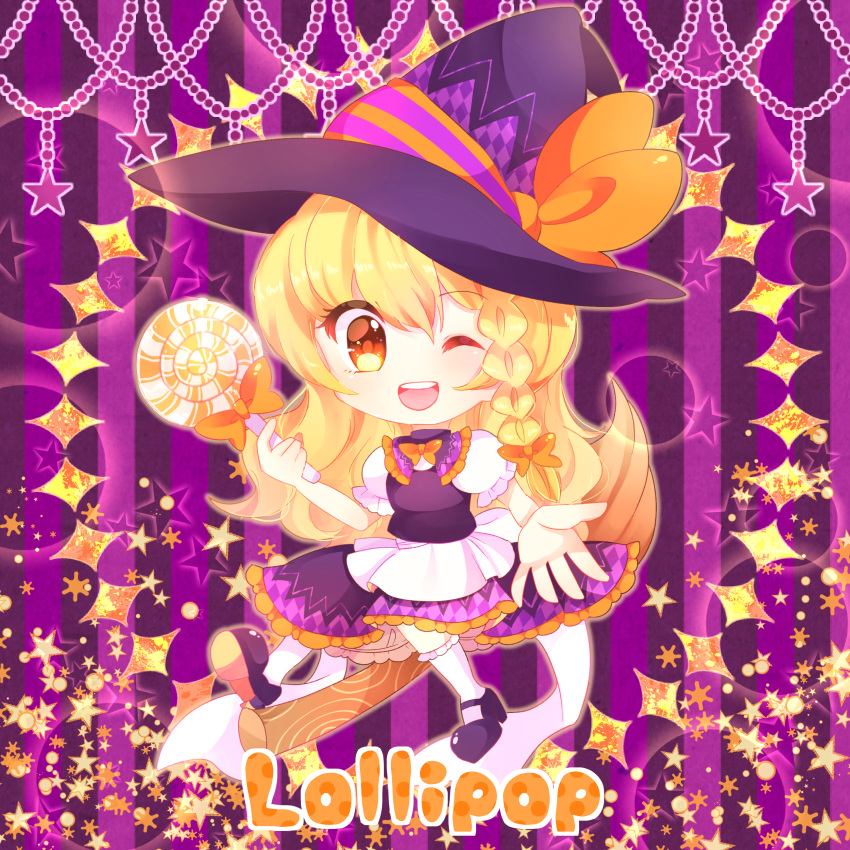 1girl ;d absurdres apron black_shoes black_skirt black_vest blonde_hair bow braid candy chibi collared_vest english eyebrows_visible_through_hair food full_body halloween hat hat_bow highres holding kirisame_marisa lollipop long_hair mary_janes one_eye_closed open_mouth orange_bow puffy_short_sleeves puffy_sleeves shirt shoes short_sleeves side_braid single_braid skirt skirt_set smile solo star teeth touhou very_long_hair vest waist_apron white_legwear white_shirt witch_hat yata yellow_eyes