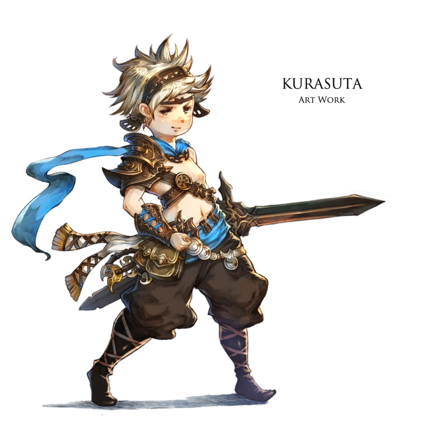 1boy artist_name boots bracer brown_boots brown_pants clenched_hand fantasy full_body headband highres holding holding_sword holding_weapon kurasuta navel original pants pouch solo spiky_hair standing sword weapon white_hair